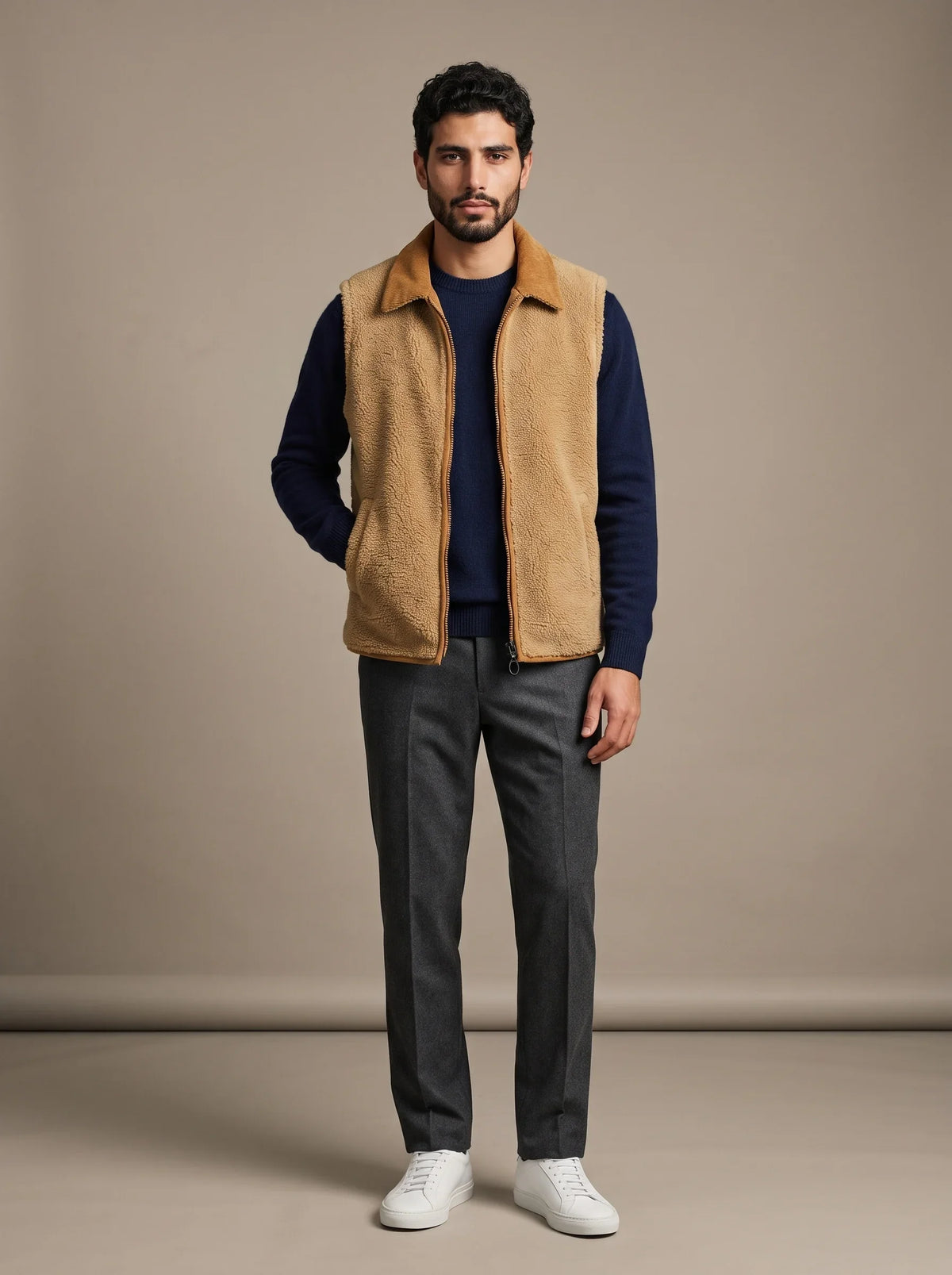 Cortina Caramel Reversible Gilet, worn sherpa side out