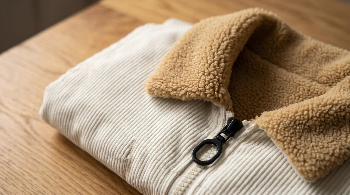 Ecru corduroy and the sherpa collar of the Cortina gilet
