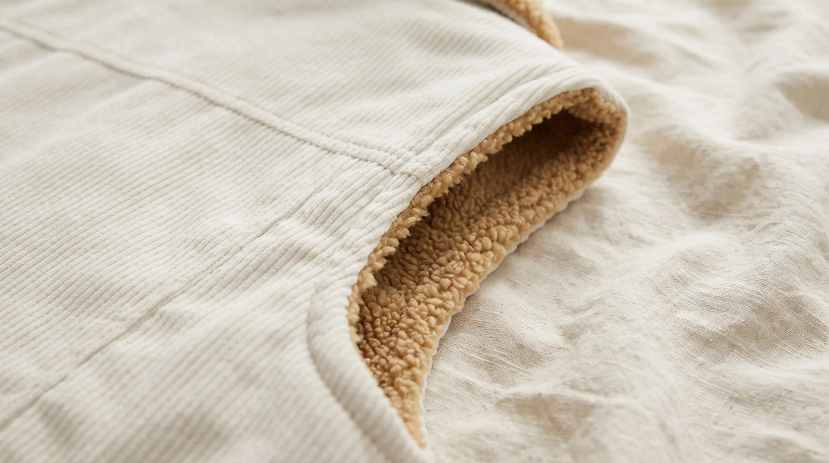 The sherpa lining at the armhole of the ecru Cortina gilet