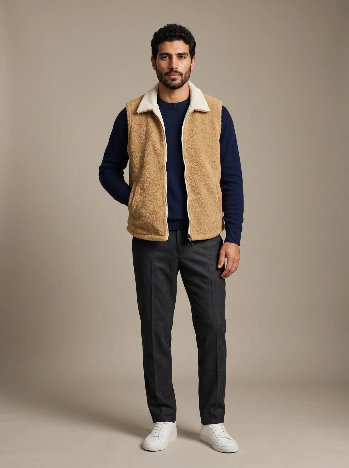 Cortina Ecru Reversible Gilet, worn sherpa side out