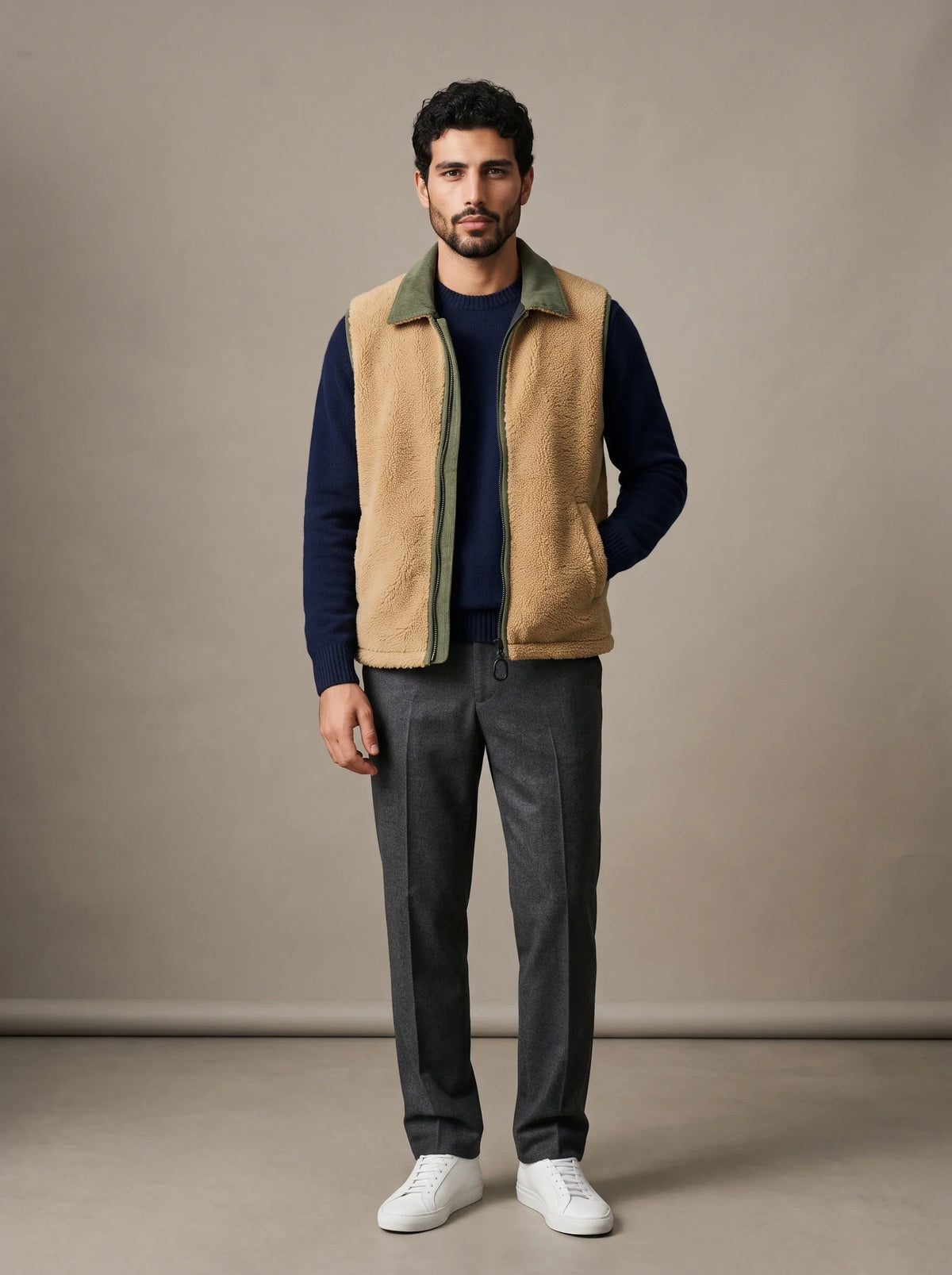 Cortina Olive Reversible Gilet, worn sherpa side out