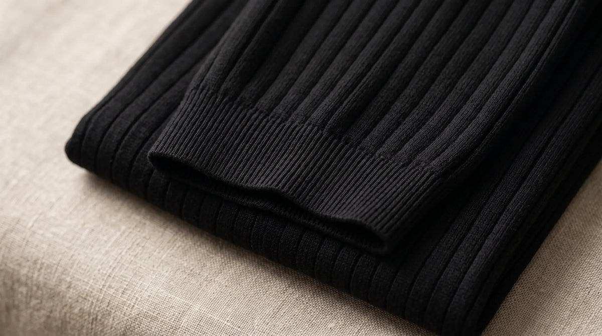 Close-up of the Cove Black Polo's ribbed cuff and knit texture