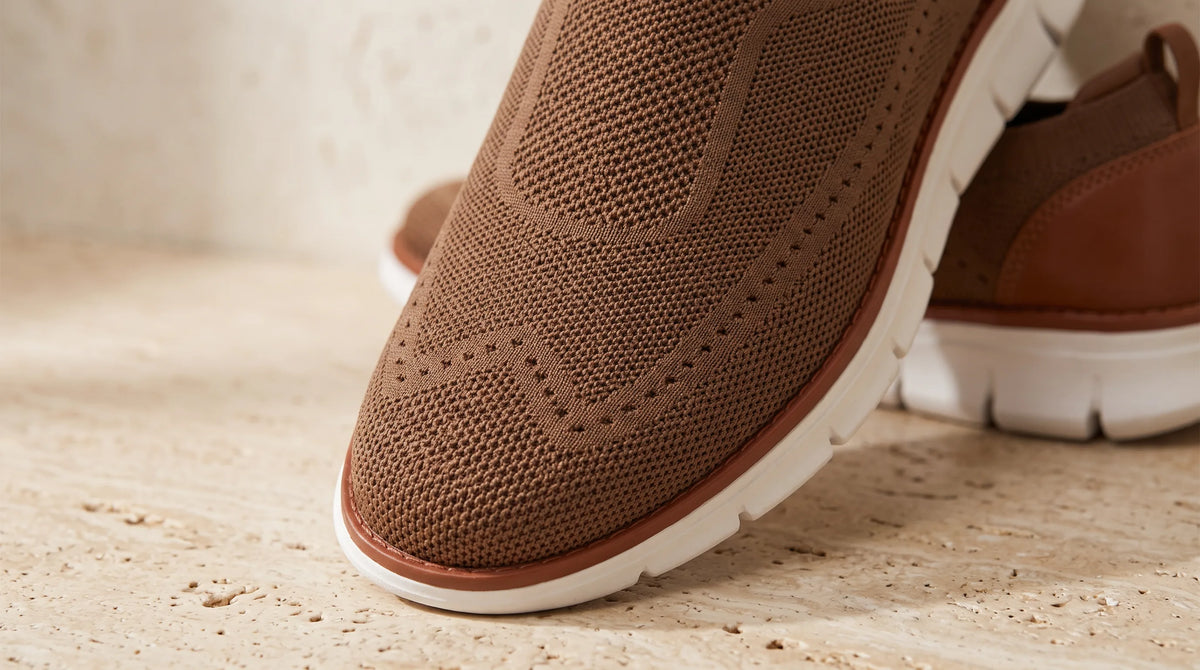 Close-up of the Cove Brown Lightweight Loafers' engineered knit upper