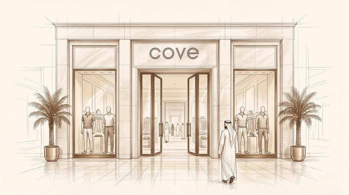 Pencil drawing of the front of the Cove boutique in The Dubai Mall