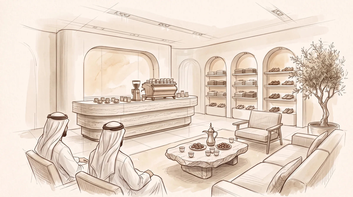 Pencil drawing of the guest lounge inside the Cove boutique