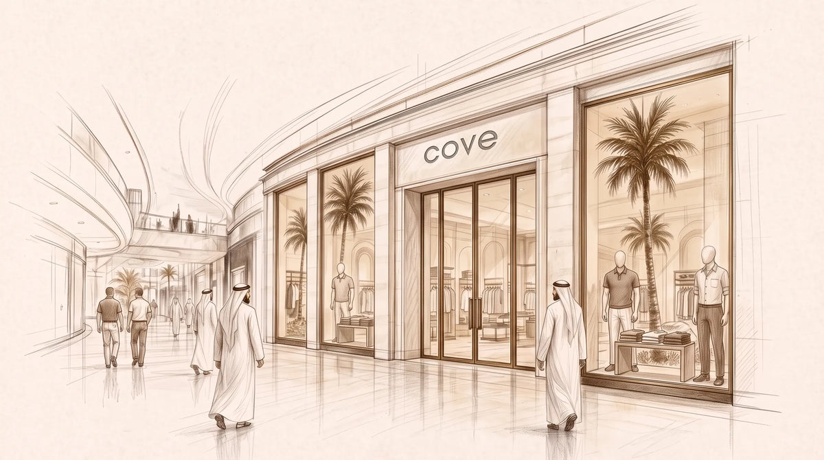Pencil drawing of the Cove boutique storefront inside The Dubai Mall, with shoppers walking past