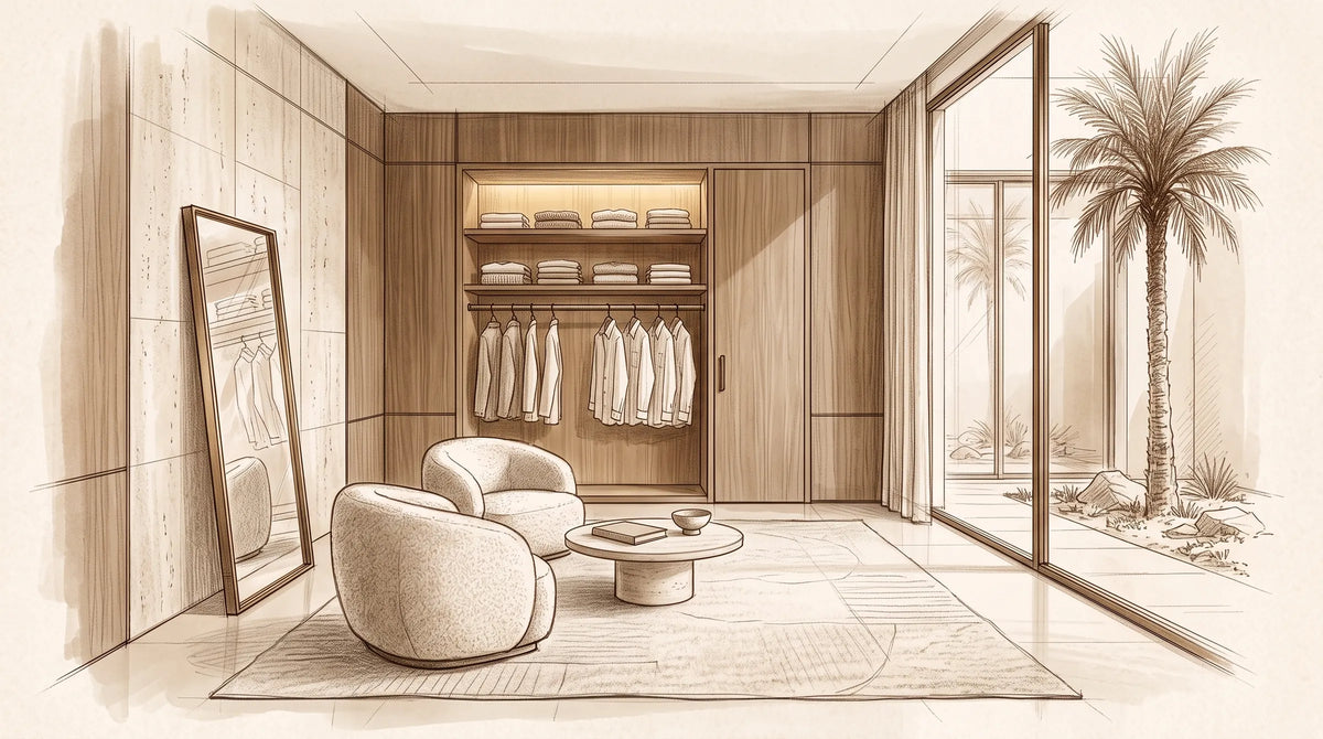 Pencil drawing of the private fitting suite inside the Cove boutique