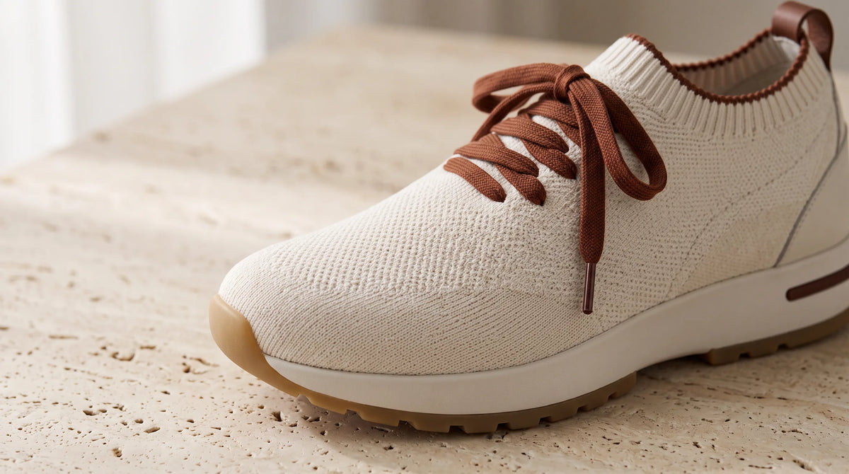Close-up of the Cove Marina Beige Knit knit upper and laces
