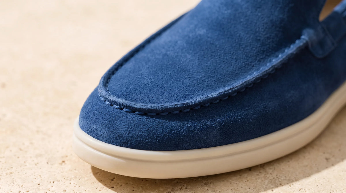 Close-up of the Dark Blue Yacht Loafers' stitched apron toe