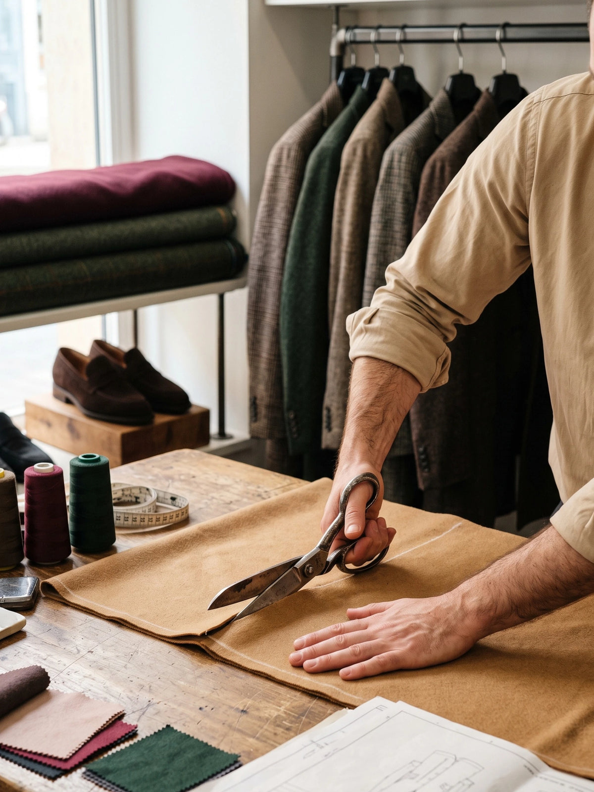 A pattern being cut by hand at the workbench