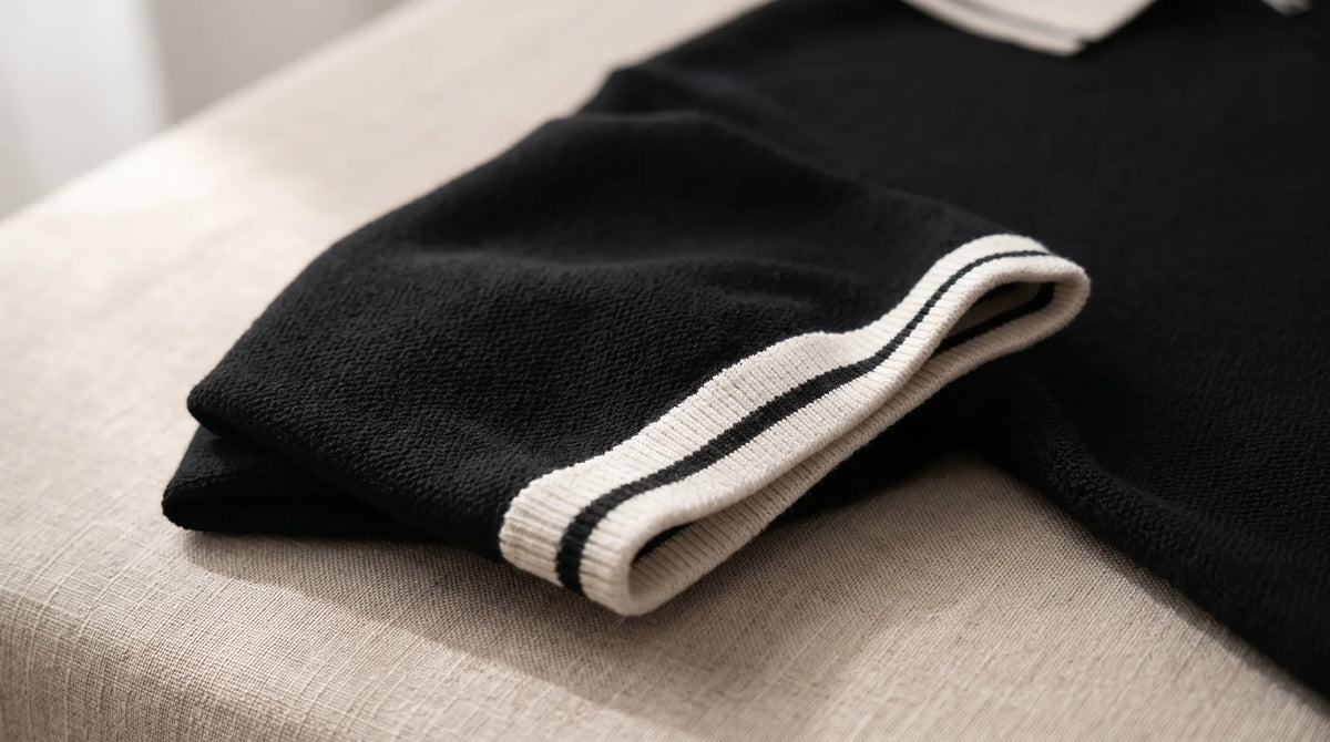 Close-up of the Framura Knit Polo's tipped cuff and fine textured knit