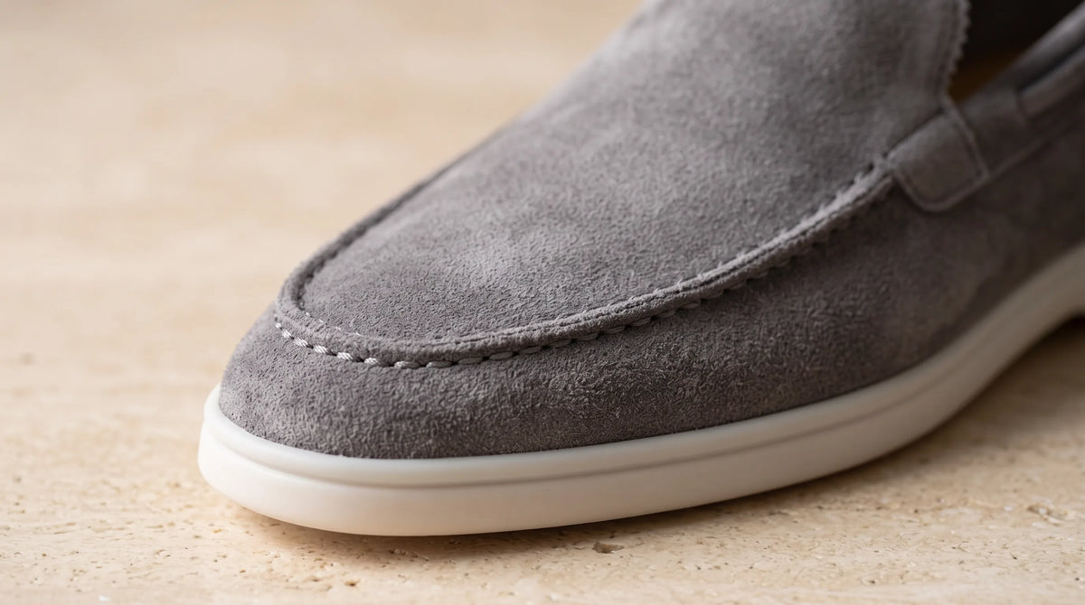 Close-up of the Grey Yacht Loafers' stitched apron toe