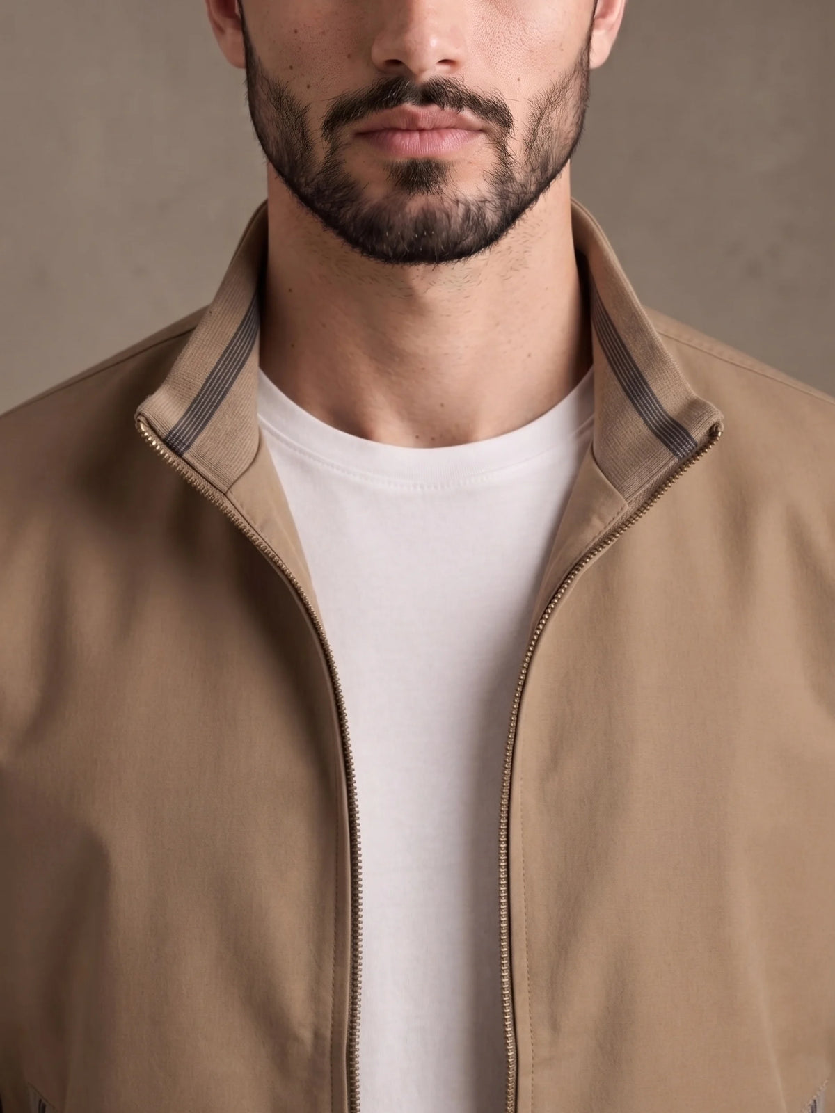 Close-up of the stand collar and brass zip