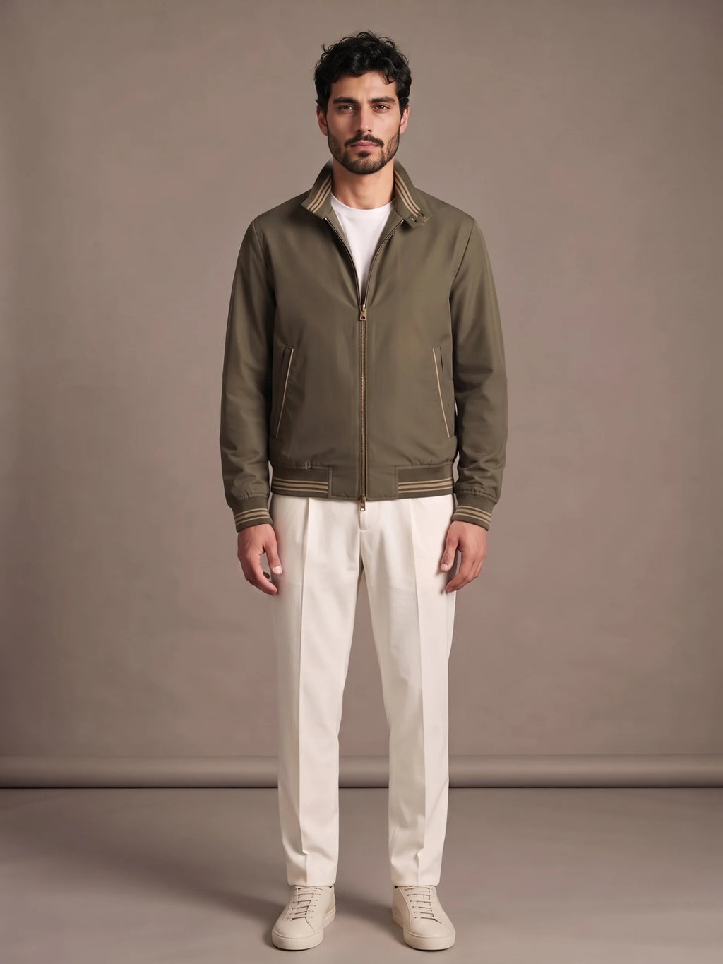 Lavagna Olive Casual Jacket worn with ivory trousers