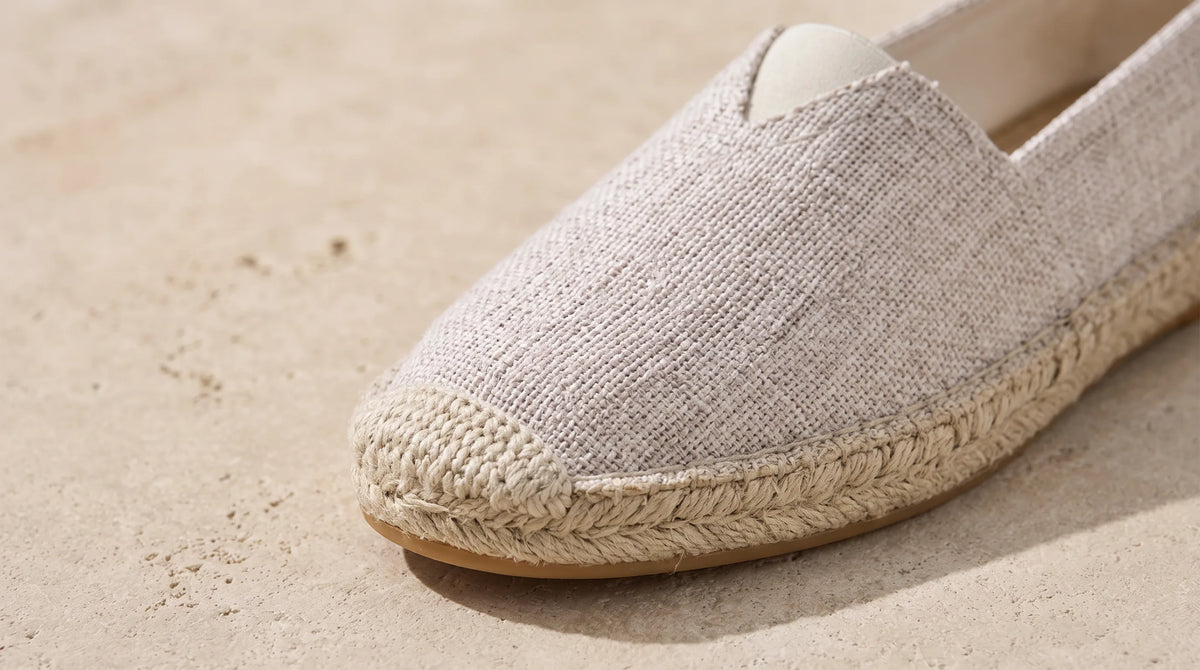 Close-up of the Light Brown Levanto Espadrille's contrast toe and canvas weave