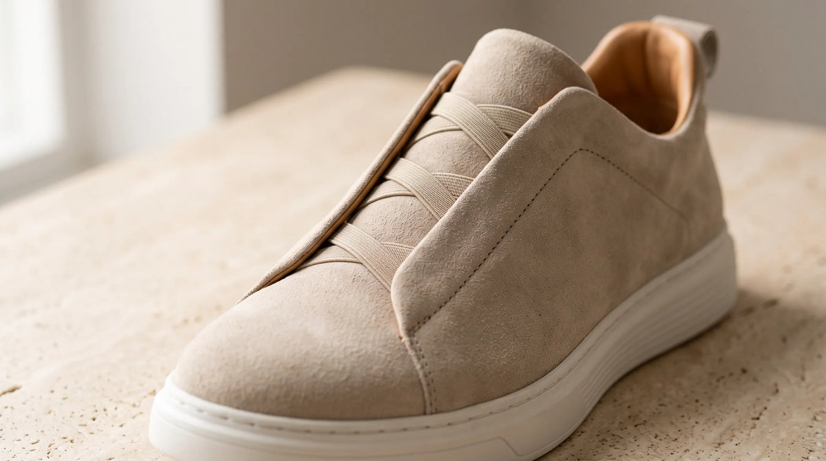 Close-up of the Milano Beige Sneakers' suede upper and slip-on opening