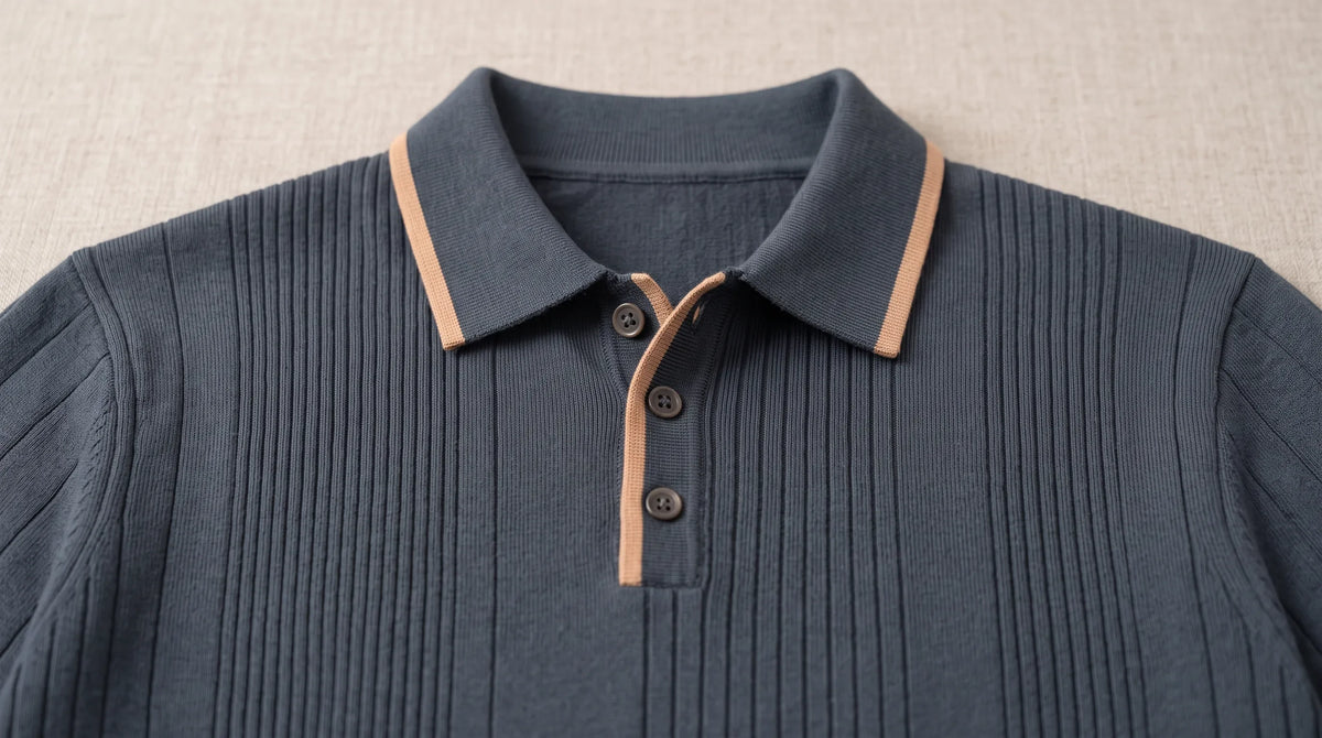 Close-up of the Pieve Knitted Sweater's tan tipped collar and button placket
