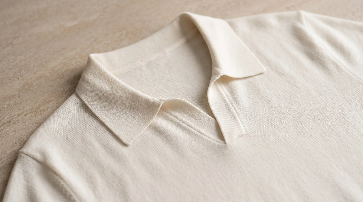 Close-up of the Rapallo Knit Polo's open notch collar