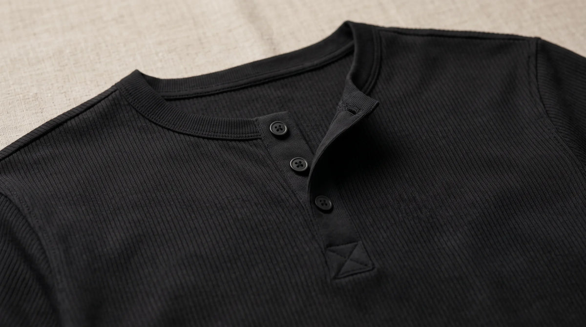 Close-up of the Ravello Black Henley's henley button placket
