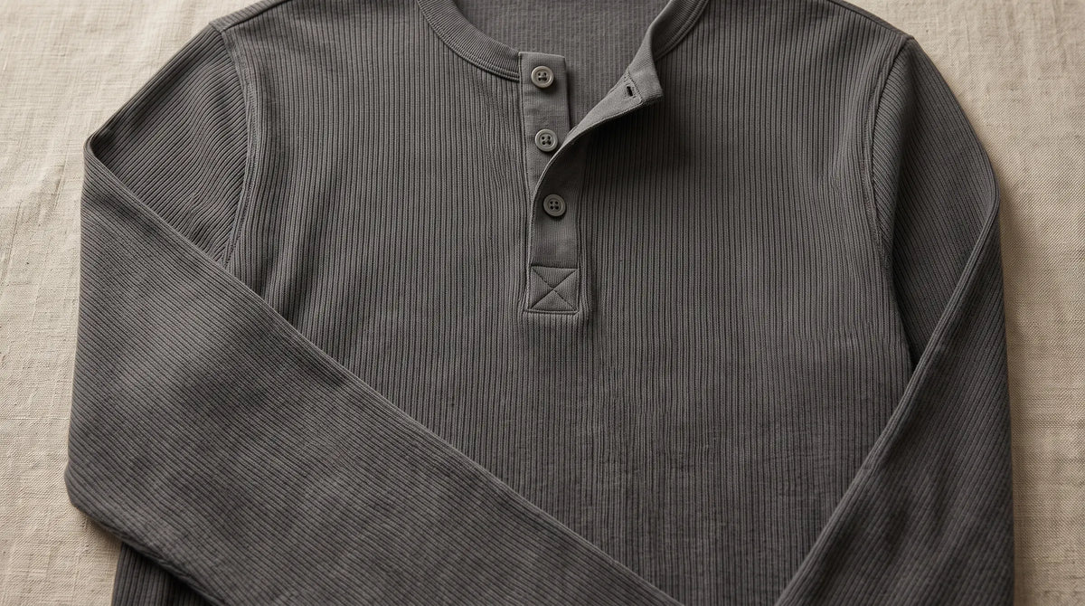Close-up of the Ravello Gray Henley's henley button placket