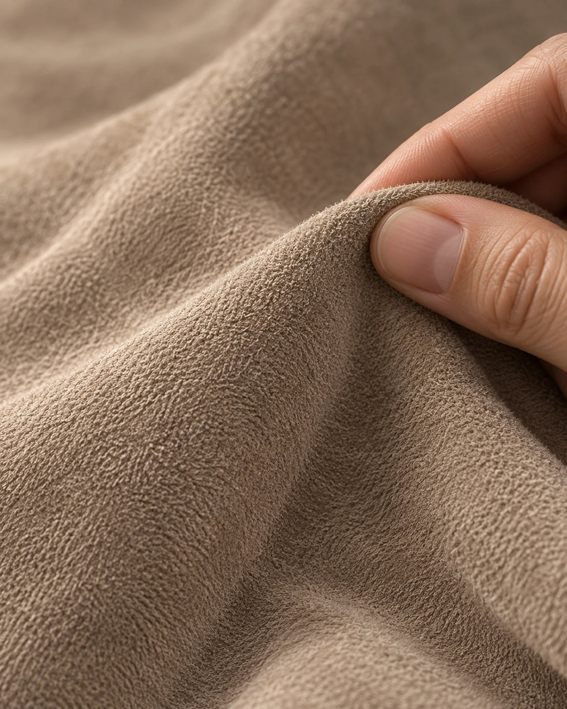 Warm beige fabric in soft folds, light and shadow across the nap