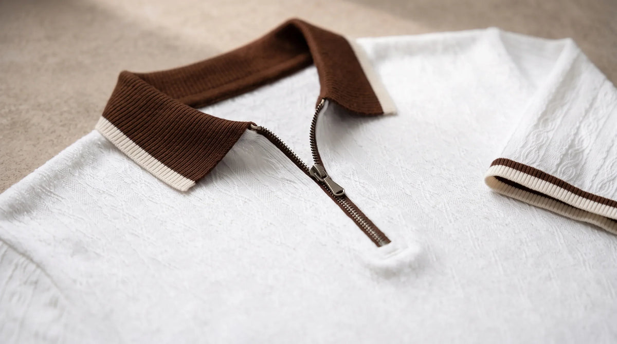 Close-up of the Sestri Knit Polo's contrast collar and zip placket