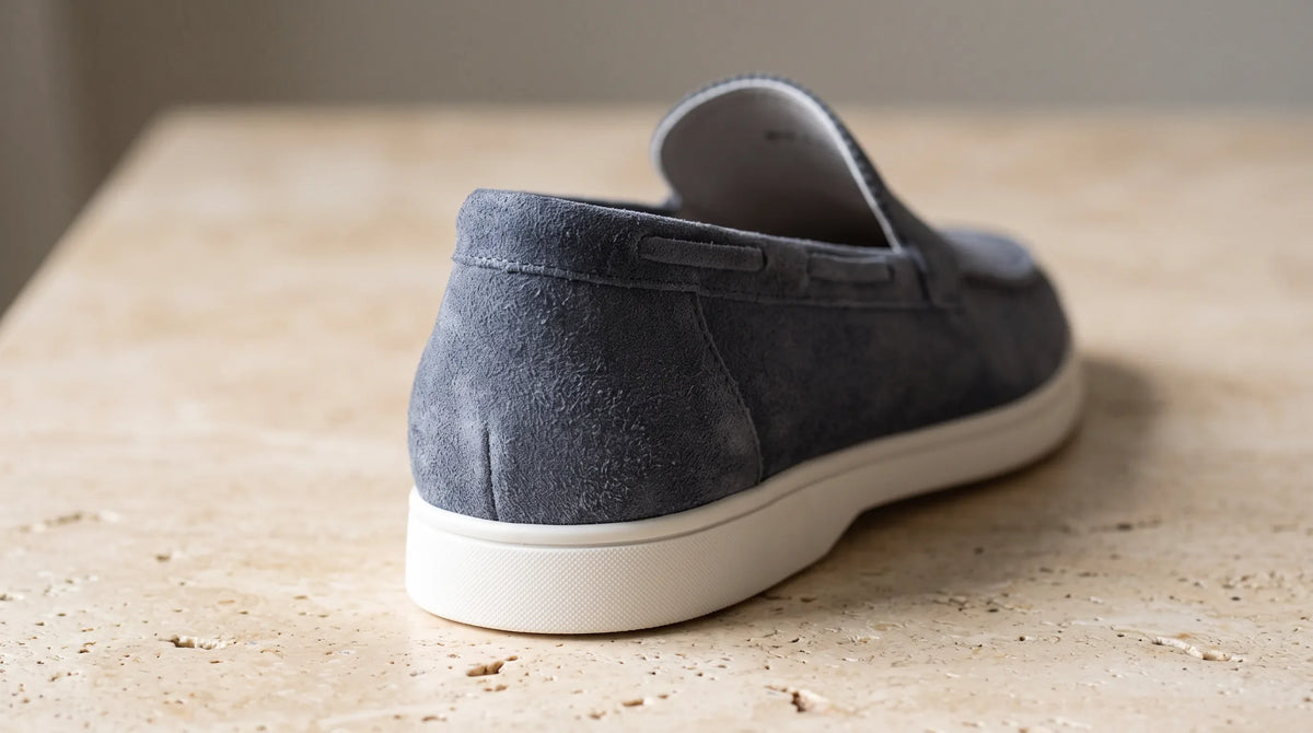 Close-up of the Steel Blue Yacht Loafers' white sole and napped upper