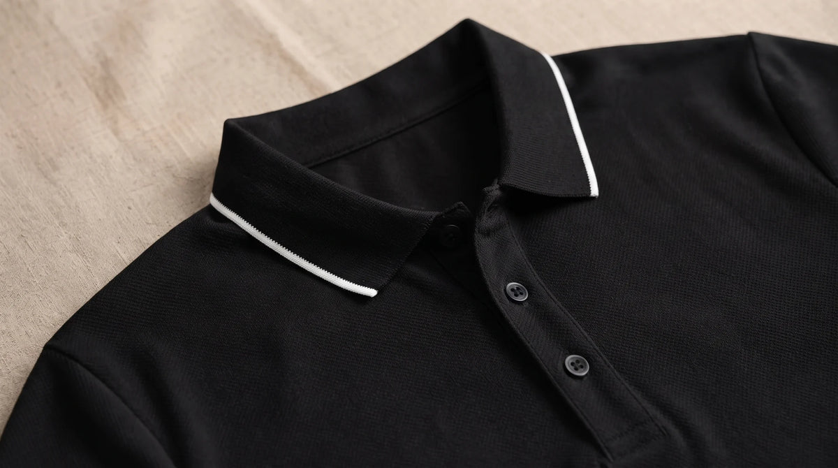 Collar and placket of the Morino black polo