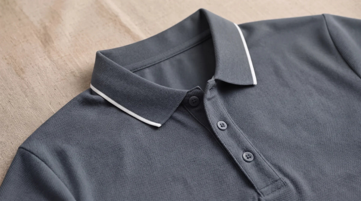 Collar and placket of the Morino charcoal polo