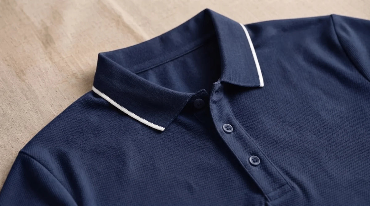 Collar and placket of the Morino navy polo