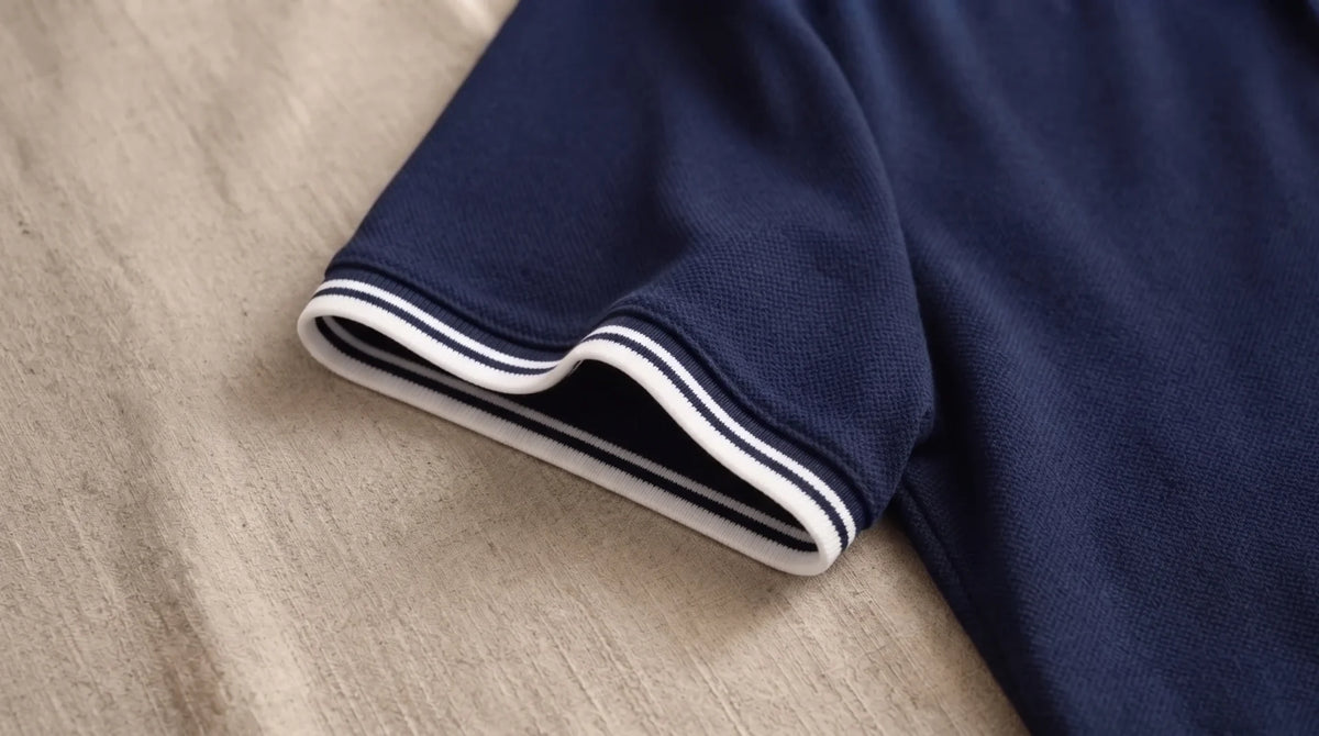 Striped sleeve hem of the Morino navy polo