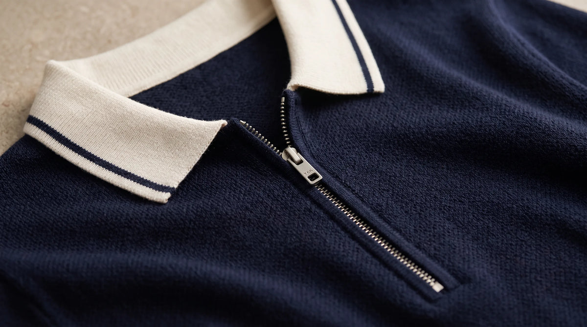 Close-up of the Varigotti Knit Polo's contrast collar and zip placket